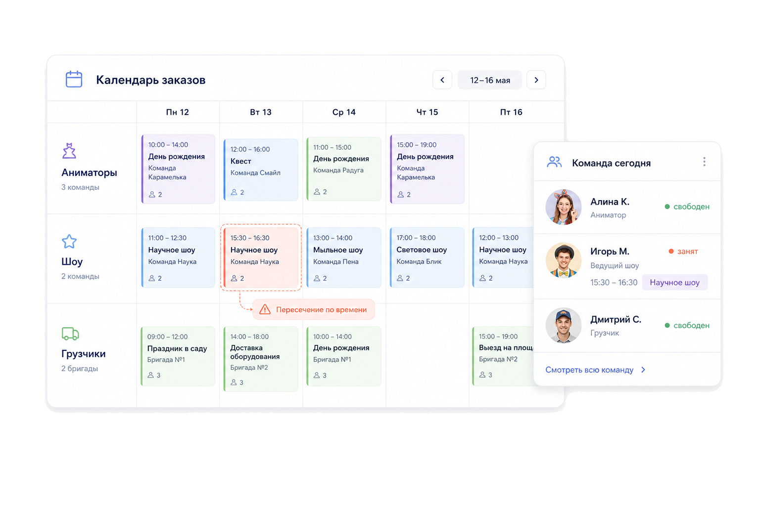 Фрагмент календаря заказов FUNPLANS crm с командами и пересечением по времени